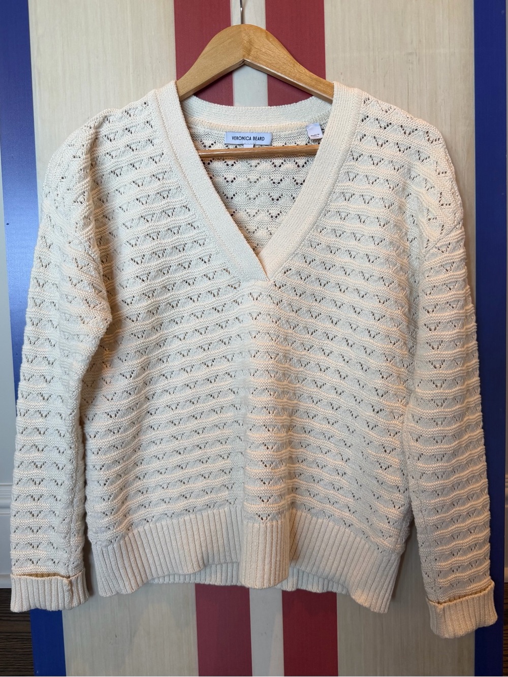 Veronica Beard Bracia Pointelle V-Neck Sweater Ivory XS